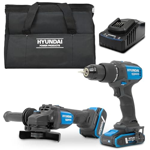 Image of Hyundai 20V Cordless Tool Kit, Brushless Hammer Drill 60Nm, 115mm Angle Grinder, 2.0Ah & 4.0Ah Batteries, Charger