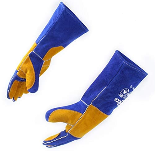 Image of RAPICCA Welding Gloves Fire Heat Resistant: Blue 16IN 932℉ - Fireproof Leather For Stick Mig Flux-Core Welder Forge Blacksmith Fireplace Wood Stove Fire Pit Furnace Handling Dry ice - One Size