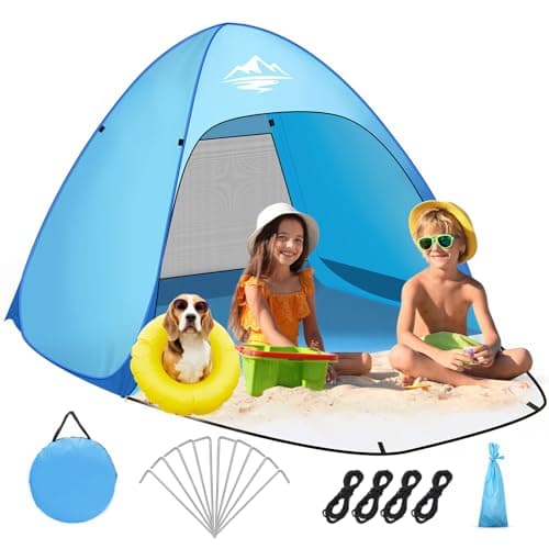 Image of Pop Up Beach Tent for 1-3 Person, UV Protection Beach Sun Shelter with Zipper Porch, Portable Automatic Instant Easy SetUp Sun Shade Baby Beach Tent for Beach, Garden, Picnic