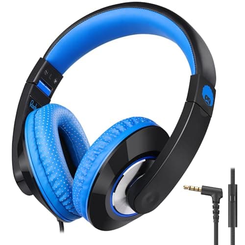 Image of Rockpapa Comfort+ Kids Headphones, Wired Headphones Over Ear Headp hones with Microphone for Kids Children Adult, Stereo Sound, Adjustable Headphone for School/Travel/Phone/PC/MP3-Black Blue