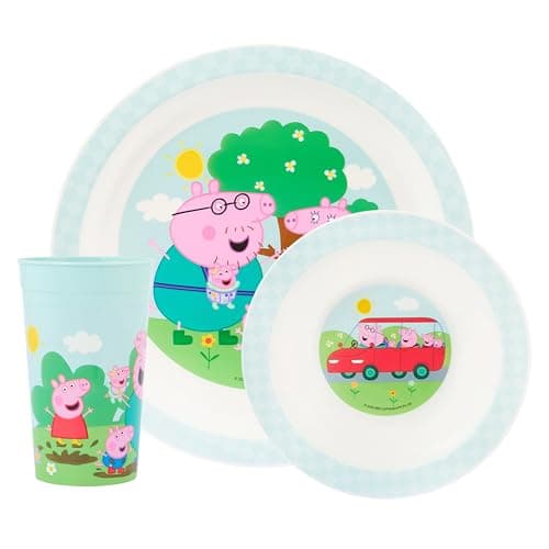 Image of Peppa Pig 3 Piece Polypropylene Dinner Set, Tumbler Bowl and Plate, Children's Dinnerware Featuring Peppa, Mummy, Daddy, George and Evie Pig, Microwave and Dishwasher Safe, 36 Months Plus