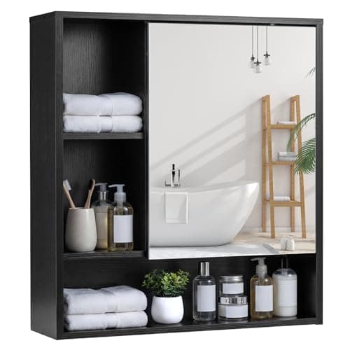 Image of COSTWAY Bathroom Mirror Cabinet, Wall Mounted Storage Cupboard with Single Door and 3 Open Shelves, Wooden Bathroom Unit Wall Medicine Cabinet for Living Room, Kitchen, Hallway, 56x16x61cm (Black)
