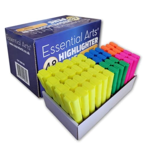 Image of Essential Arts Square Highlighter Assorted Bulk Pack of 48 | Includes, Yellow, Green, Blue, Pink and Orange Fluorescent Highlight Marker Pens for Office, School and Business
