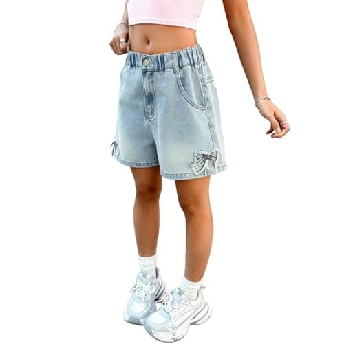 Image of Girls Bow Denim Shorts Casual Summer Breathable Jeans Shorts for Kids Elastic Waist Soft Cute Toddler Bike Dance Holiday Outdoor Play Hot Pants Loose Fit UK Wide Straight Leg 9-10 Years Blue