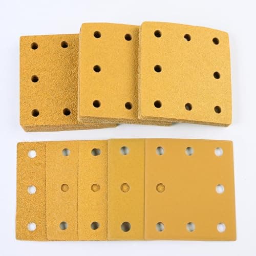 Image of Sruhrak Upgraded 110x115mm Sanding Sheets Set, 8 Hole Hook and Loop Sanding Pads for 1/4 Sheet Palm Sander, Grits 40/60/80/120/240 Sandpaper for Wood Metal Surface Preparation