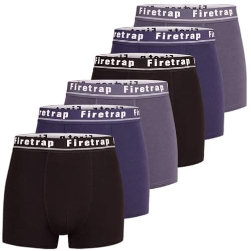 Image of Firetrap Mens 6 Pack Designer Boxer Shorts, Underwear Gift Set Trunks Comfortable Stretch Cotton Plain Colours Mens Briefs Black, Blue, Grey L