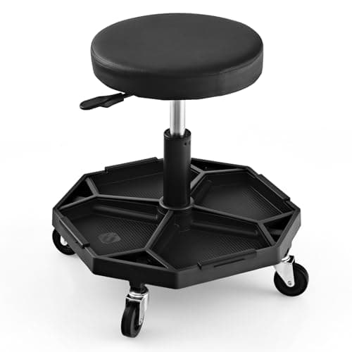 Image of TANGZON 150KG Pneumatic Rolling Mechanic Stool, 41CM-55CM Height Adjustable & 360° Swivel Roller Creeper Seat with Removable Tool Tray and Wheels, Heavy Duty Padded Garage Workshop Stool (Black)