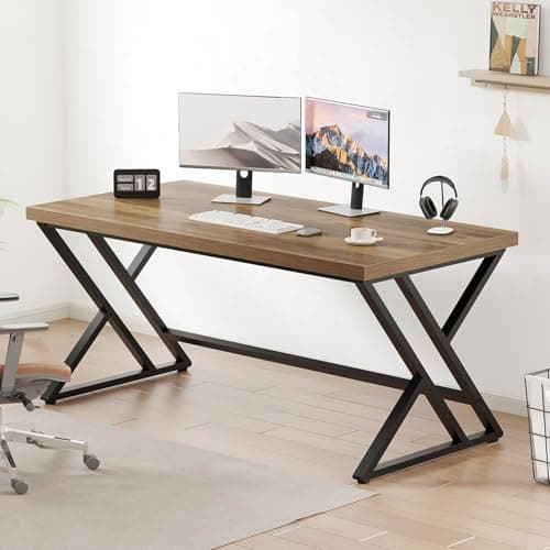 Image of LVB Industrial Home Office Desk, Wood Computer Executive Desk for Student, Modern Writing Study Table for Living Room Bedroom, Rustic Metal Computer Gaming Work Table with Storage, 55 Inch, Rustic Oak