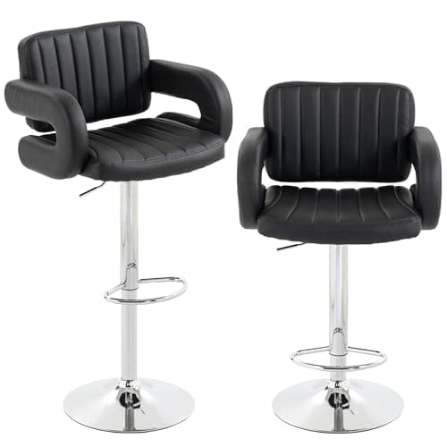 Image of HOMCOM Bar Stools Set of 2, PU leather Adjustable Bar Chairs with Backrest and Armrest, 360° Swivel, Metal Footrest, Barstools for Kitchen Dining Reception, Black