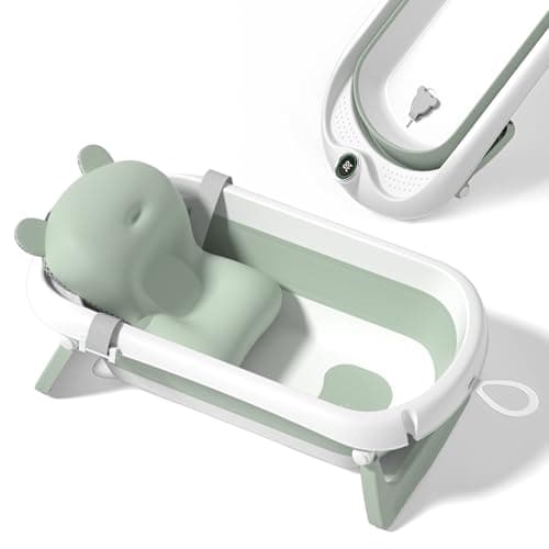 Image of SUPERBE BEBE Foldable Baby Bath with Non-Slip Bath Cushion/Bath with Thermometer for Water Temperature Control/from Birth to 3 Years