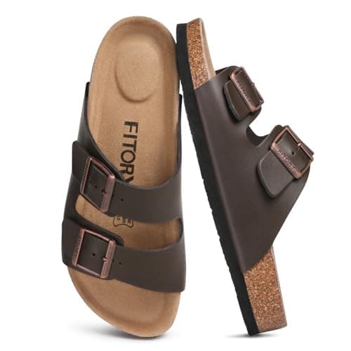 Image of FITORY Mens Leather Sandals, Arch Support Slides with Double Buckle Adjustable Straps & Cork Footbed for Summer Mocha Size 8.5