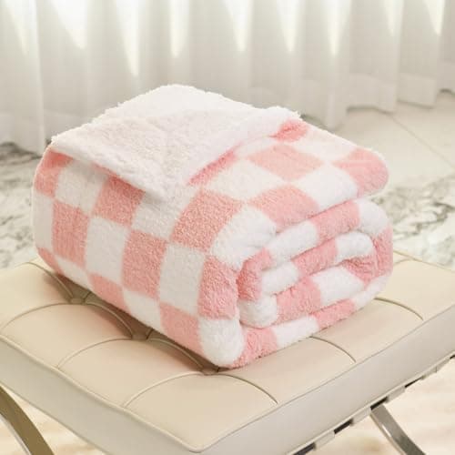 Image of DREAMLANDING Sherpa Fleece Blanket Sofa Throw Double-Sided Super Soft Warm Throw Blanket For Bed, Sofa, Couch (Pink Checkered, 150×180cm)