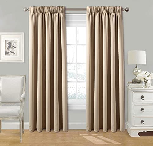 Image of StylemyBedroom Pair Pencil Pleat Tape Top Plain Thermal OUT LINED Curtains with Tie Backs 66" x 72" - Beige