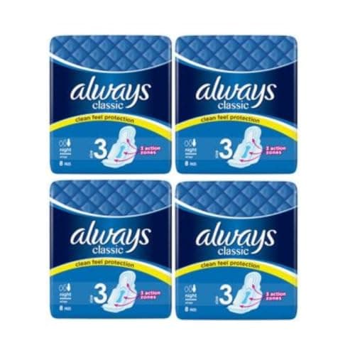 Image of MM Always Classic Night Sanitary Pads Size 3 with Wings | 32 Pack (8 x 4) | Extra Protection for Heavy Flow | Secure & Comfortable Fit | Absorbent & Leak-Proof Feminine Hygiene