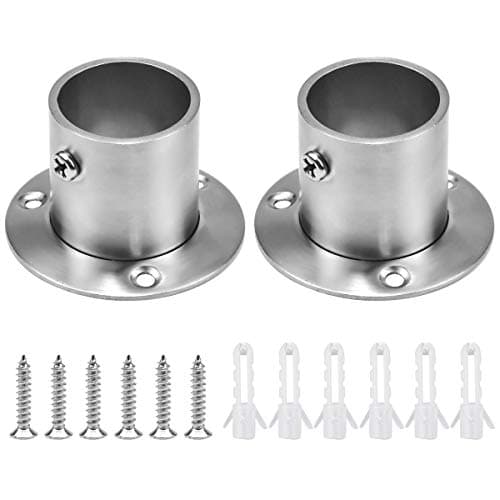 Image of 2Pcs Wardrobe Rail Support, 32mm Round Wardrobe Hanging Pole Tube Rod End Bracket, Stainless Steel Flange Socket Holder Adjustable with Screws for Closet Curtain (Silver)