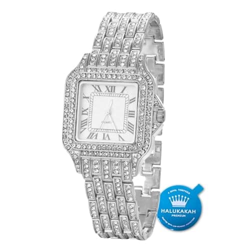 Image of HALUKAKAH Diamonds Gold Watch Iced Out,Men's Platinum White Gold Plated 33MM Width Width Square Dial Quartz Wristband 20cm,Free Giftbox