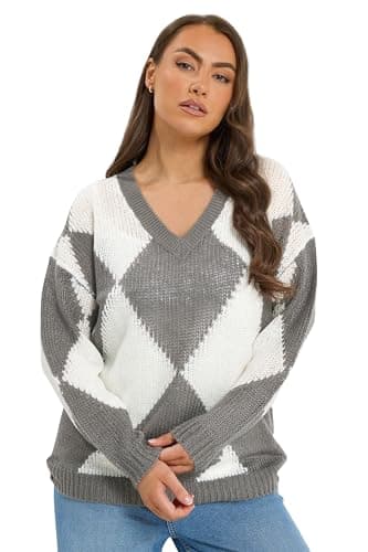 Image of Yours Curve Diamond V-Neck Soft Touch Jumper - Women's - Plus Size Curve Grey