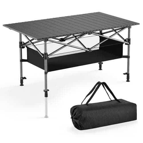 Image of Yigowyigo Camping Table, Folding Roll Up Picnic Table for Camping 95x55x55cm Height Adjustable, Aluminum Lightweight,Portable Fold up Tables with Carry Bag for Outdoor Picnic, Garden, Beach, BBQ Black