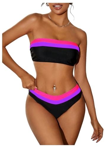 Image of GORGLITTER Women's 2 Piece Strapless Swimsuits Color Block Bandeau Top Hipster Bikini Set Beach Swimwear Black and Purple Large