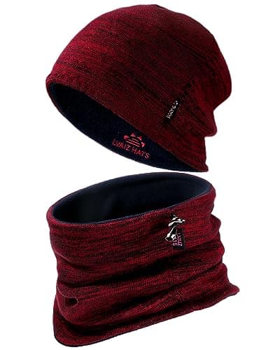 Image of Winter Beanie Hat Scarf for Men Women Knit Thick Fleece Lined Warm Windproof Ski Skull Cap Neck Warmer Gaiter Face Scarf Set, Red+deep Blue, One Size