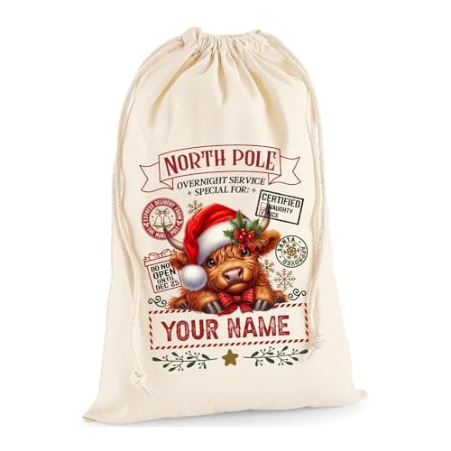 Image of Personalised Santa Sack with Custom Name/Large Sack for Gifts & Boys/Xmas Gift Bag for Under Tree/Christmas Eve Bag/Father Christmas – Highland Cow Design - Extra Large - 100% Natural Cotton