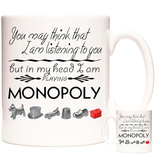 Image of KAZMUGZ Funny Monopoly Mug – “You May Think I’m Listening…” Quote – Ceramic Coffee Cup with Game Tokens – Gift for Board Game Lovers, Strategy Fans, and Monopoly Enthusiasts