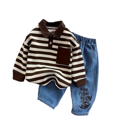 Image of AIBAOLI Baby Boys Spring Autumn Sets Fashion Long Sleeves Sweatshirt+Denim Pants 2-Piece Set Childrens Casual Clothing (brown, 9-12M)