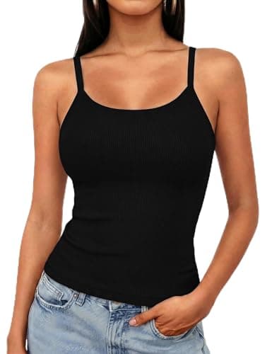 Image of Aottori Women Tank Top Crop Spaghetti Straps Cami Tops Sleeveless Round Neck Camisole Vest Ladies Summer Ribbed Slim Fit Backless Shirts Y2k Solid Black XXL