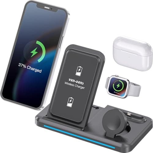 Image of VEN-DENS 3-in-1 Wireless Charging Station, Foldable Fast Wireless Charger for iPhone, Apple Watch & AirPods, Night Light LED, Qi Certified, Black – VD-WLC016