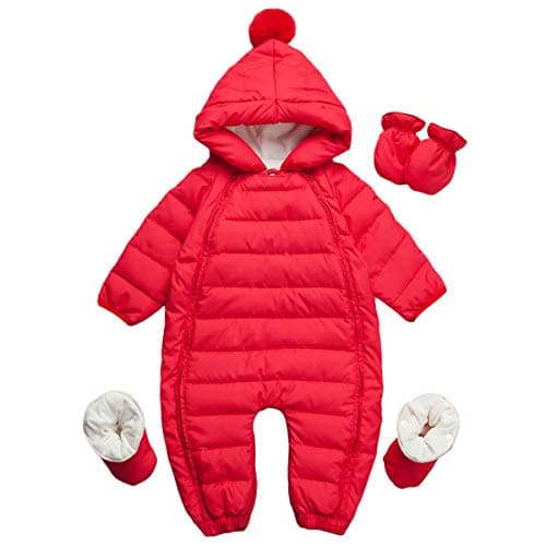 Image of famuka Baby Winter Warm Down Snowsuits Hooded Puffer Outwear (Red, 6-9 Months)