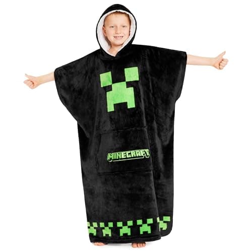 Image of Minecraft Fleece Hoodie Blanket for Kids and Teenagers One Size Kids Fleece Poncho with Sherpa-Lined Hood Gifts for Gamers (Black)