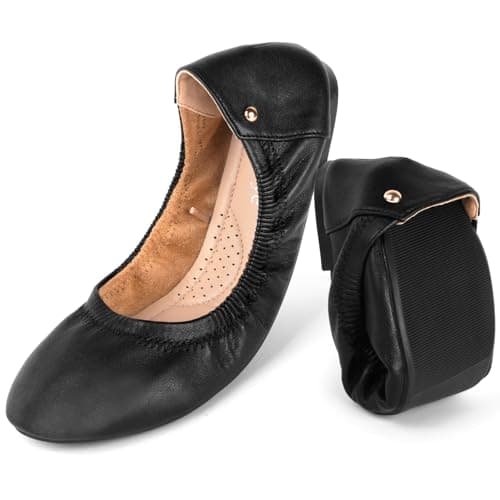 Image of OFFCUP Roll up Shoes, Black Leather Ballet Flats, Portable Round Toe Slip On Dolly Shoes, Ballet Pumps for Women Ladies for Weddings and Parties Work Office Formal (UK 7)