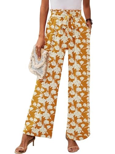 Image of Heymoments Women's Wide Leg Lounge Pants with Pockets White Flower Yellow Small Lightweight High Waisted Adjustable Tie Knot Loose Comfy Casual Trousers