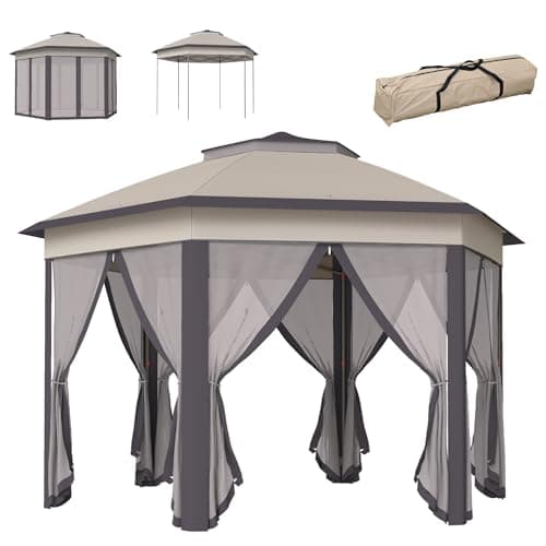 Image of Outsunny 3 x 4m Garden Gazebo Hexagon Pop Up Gazebo Party Tent Canopy Double Roof Instant Shelter with Netting and Carry Bag for Outdoor Patio, Beige