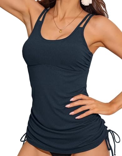 Image of Charmo Women's Tankini Tops Tummy Control Swimwear Ruched Adjustable Side Tie Swimsuits Ribbed Swim Tops Navy L