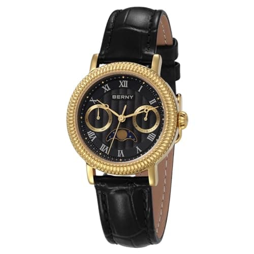 Image of BERNY Women Watch Ladies Quartz Watch Moon Phase Analog Watches Genuine Leather Strap Fashion Watches for Women 3ATM Waterproof