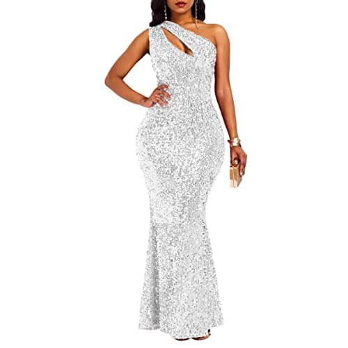 Image of VERWIN Sequins Fashion Sleeveless Oblique Collar Mermaid Women's Maxi Dress Bodycon Dress Party Dress White L