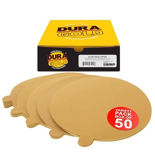 Image of Dura-Gold Premium - Variety Pack - 6" Gold PSA Self Adhesive Stickyback Sanding Discs for DA Sanders -10 of each Grit (80, 150, 220, 320, 400) Box of 50 total Sandpaper Finishing Discs