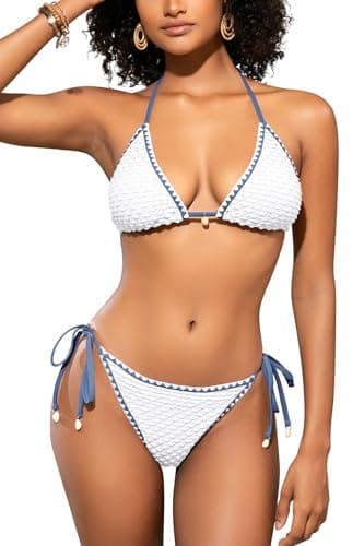 Image of SHEKINI Women Triangle Bikini Sets 2 Pieces Halter Neck Swimming Costume Low Waisted Sexy Tanga Swimsuits,Blue-S