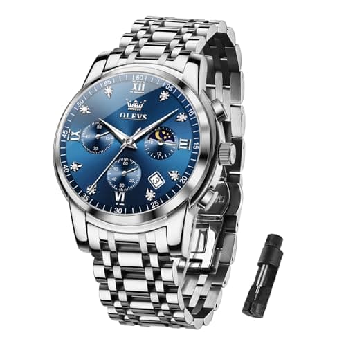 Image of OLEVS Men's Watches Chronograph Blue Stainless Steel Analog Quartz Watch Waterproof Multi-Function Dial with Date Diamond Business Watches for Men