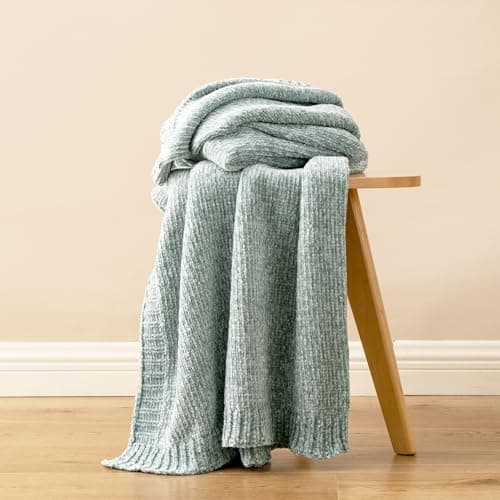 Image of BATTILO HOME Sage Green Throw Blanket for Home Decor, Chenille Knit Throw Blanket for Couch, Sofa, Chair, Cozy Soft Sage Blanket,130x170cm