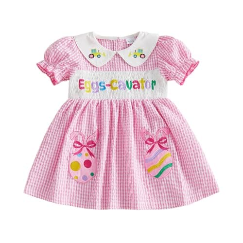Image of XIXIMAON Toddler Baby Girl Easter Party Dress Letter Bow Egg Embroidery Puffy Short Sleeve Smocked Plaid Dress Kids Spring Summer Clothes Cotton Outfit (Pink, 6-12 Months)