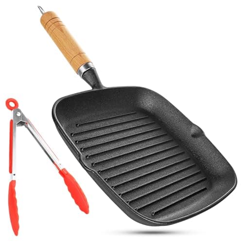 Image of Hioph Cast Iron Square Griddle Pan, Grill Pan for All Hobs, 22cm Steak Pan with Tipping Spout, Suitable for Induction, Gas, and Camping Stoves, Detachable Handle, Red Silicone Steak Tongs,Oven Usable