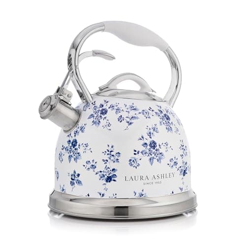 Image of Laura Ashley China Rose Stainless Steel 2.5L Stove Top Kettle. Fast Boil Whistling Kettle for Gas Hob, Induction Hob. Silicon Coated Cool Handle Camping Kettle for Gas Stove. Compatible with Aga Stove