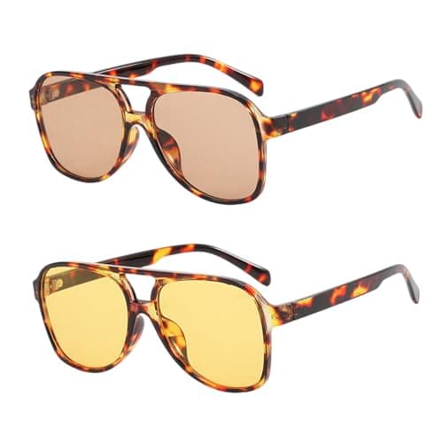 Image of TUONYIS 2 Pack Retro Sunglasses for Women Men, Double Bridge Rectangle Sunglasses, Oversized 80s Pilot Sunnies Large Frame Eyewear for Driving Walking Travel (Leopard Yellow, Leopard Tea)