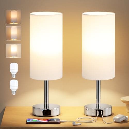 Image of Aooshine White Bedside Lamps Set of 2, Dimmable Table Lamps for Bedroom, Silver Base(Bulb Included)