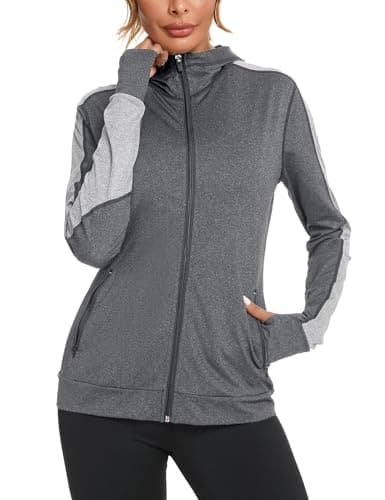 Image of Wayleb Womens Zip Up Hoodie Sports Jacket Ladies Hoodies Long Sleeve Gym Tops Hooded Sweatshirt Running Coat with Pockets and Thumb Holes