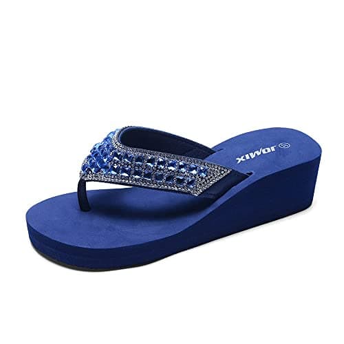 Image of JOMIX Womens Wedge Flip Flops with Diamond Upper Ladies Summer Elegant Sandals Lightweight Casual Thong for Sea Beach, SD2566, Navy, 5 UK