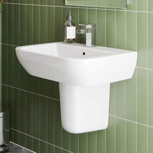 Image of Baystone® Provence 1 Tap Hole Wash Basin Sink & Semi Pedestal Bathroom Wall Hung Single Tap Hole Square Ceramic White Gloss