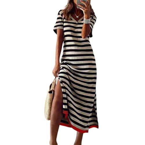 Image of TcIFE Women's Summer Dress V Neck Casual Stripe Dress Short Sleeve Long Side Split Beach Sundress Black